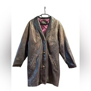 Vintage Victoria Leather Embossed Floral Longline Jacket Coat Brown Boho Western
